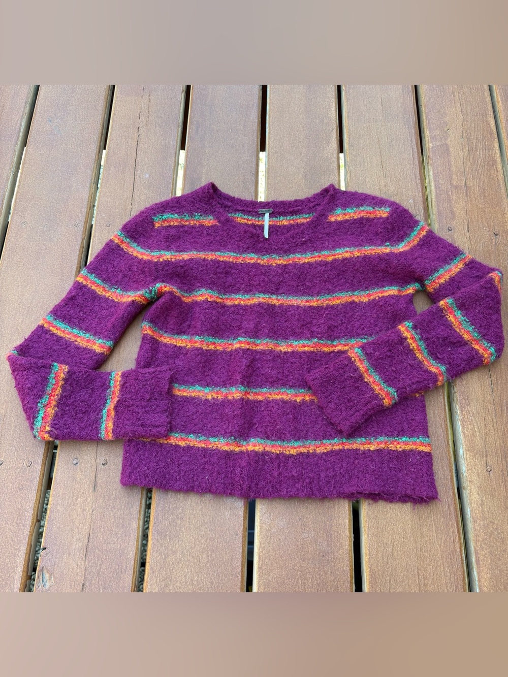 Free People Purple Stripe “Best Day Ever” Chunky Sweater Small Retro Boho